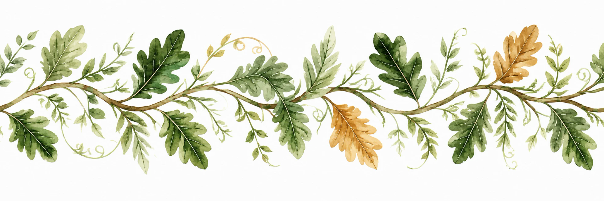 Watercolor leafy branch border in green and warm gold tones