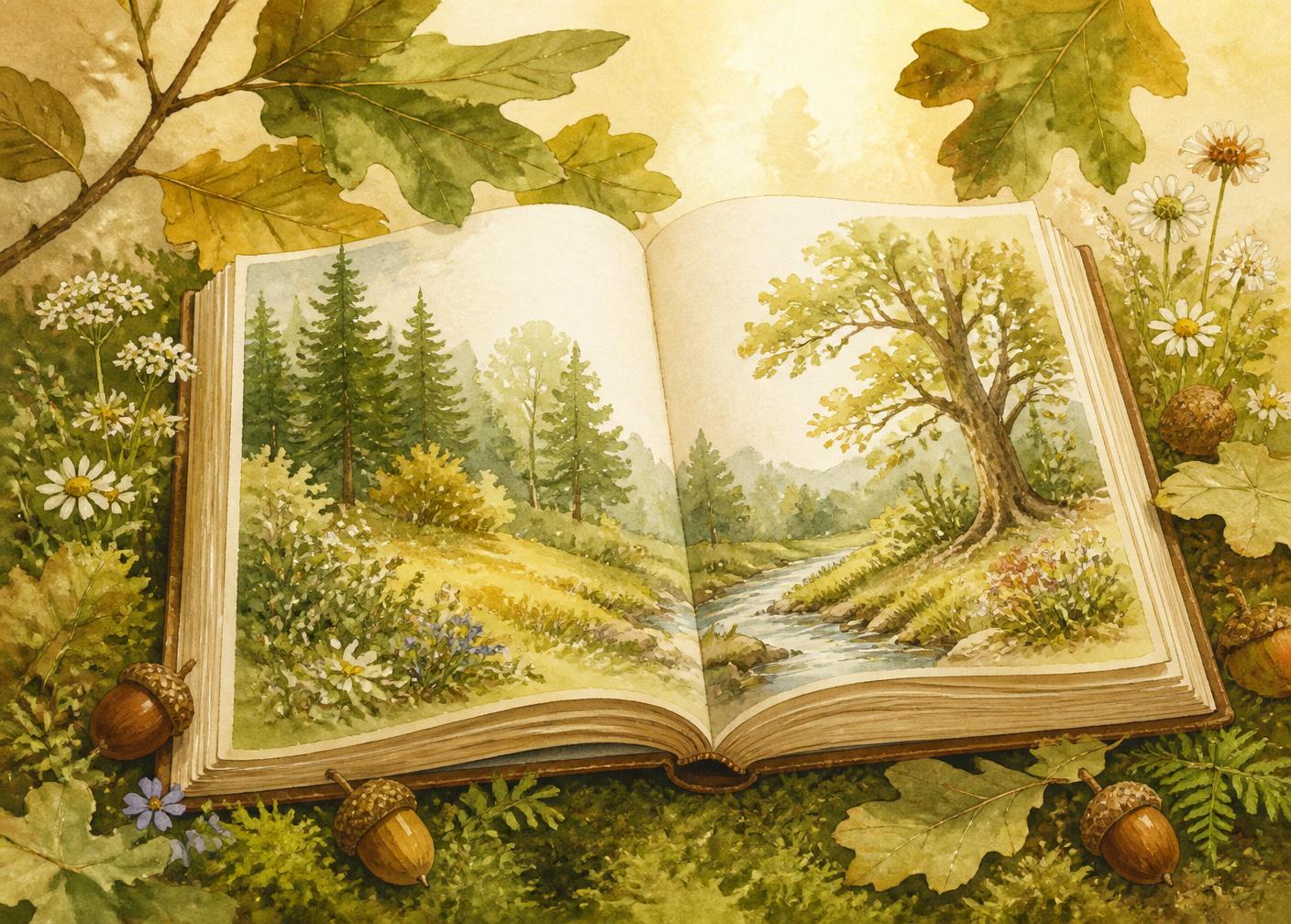 Illustrated open storybook resting on moss surrounded by leaves, acorns, and wildflowers